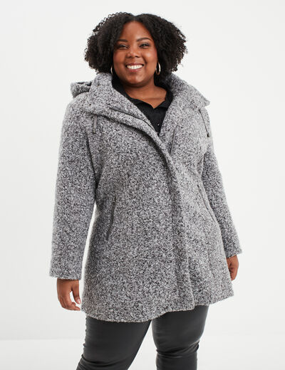Manteau aspect bouclette à capuche gris femme grande taille