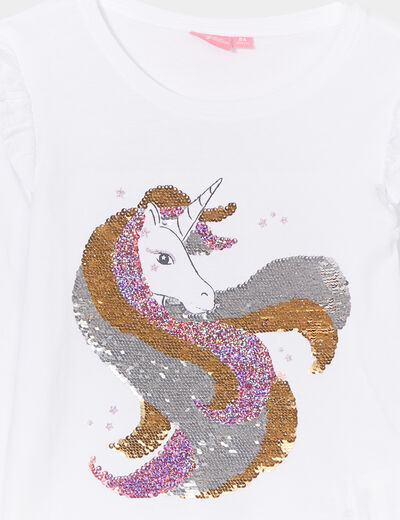 T-shirt à sequins et volants coton ivoire fille