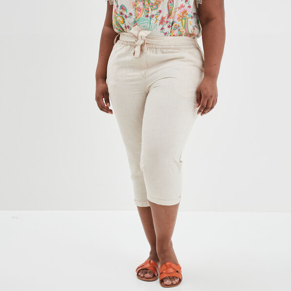 pantacourt droit ceinture lin melange beige femmegt Pantacourt droit ceinturé lin mélangé beige femme grande taille