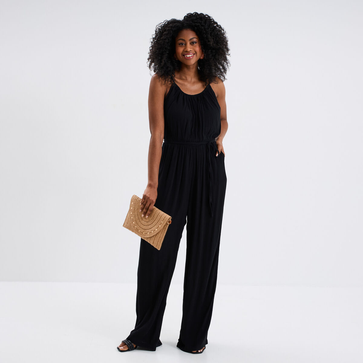 Combinaison pantalon fluide en crêpe noir femme