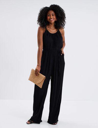 Combinaison pantalon fluide en crêpe noir femme