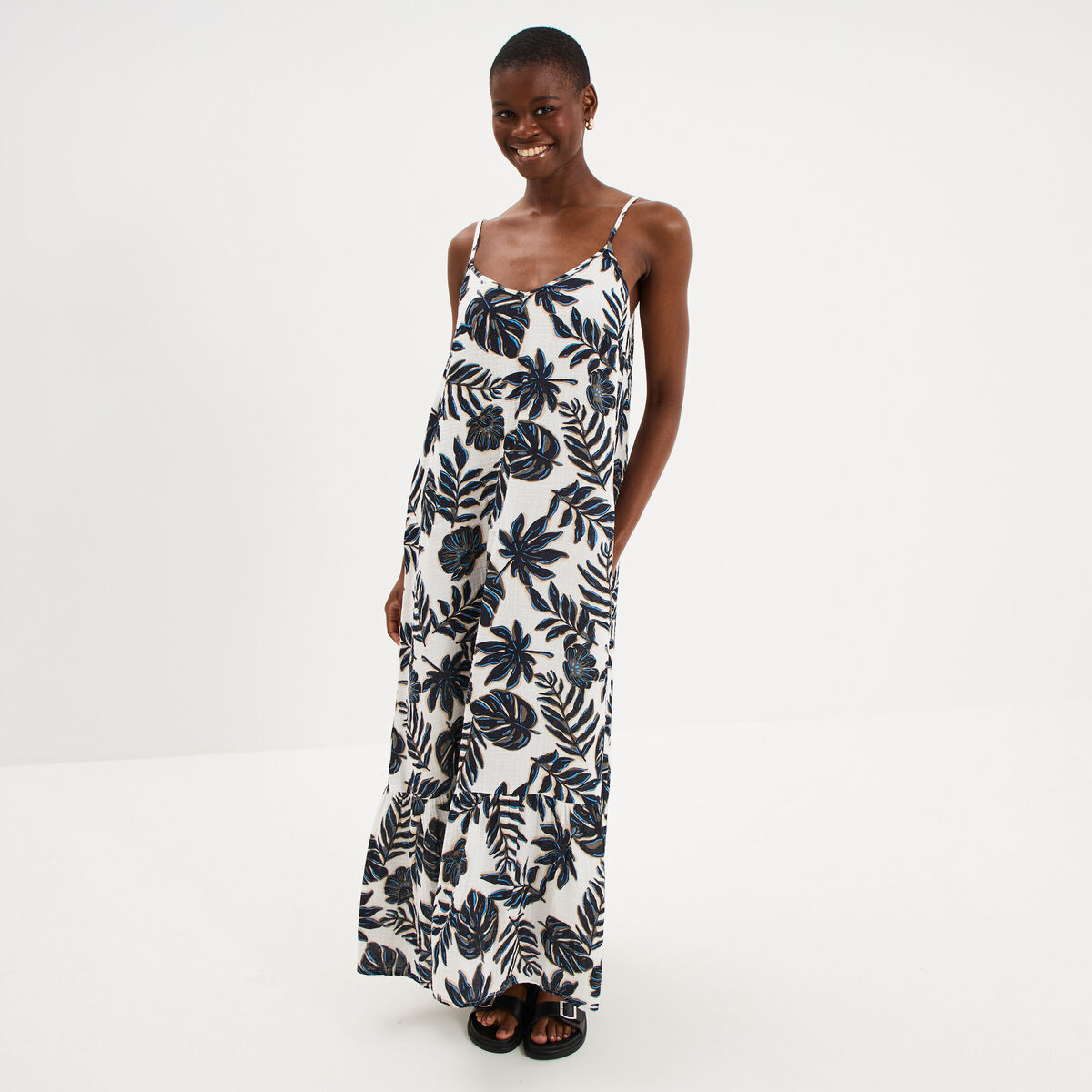 Robe longue &agrave; bretelles &eacute;vas&eacute;e coton ecru femme