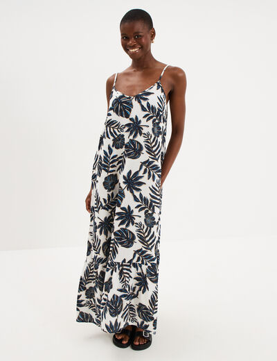 Robe longue &agrave; bretelles &eacute;vas&eacute;e coton ecru femme
