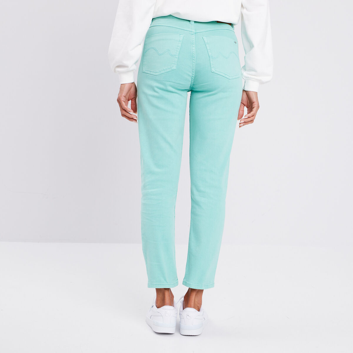 Pantalon coupe mom bleu turquoise femme