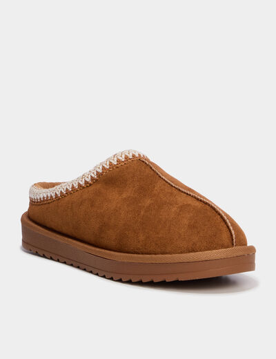 Mules fourr&eacute;es d&eacute;tails brod&eacute;s marron femme