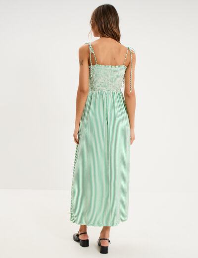 Robe longue &agrave; bretelles et haut smock&eacute; vert femme