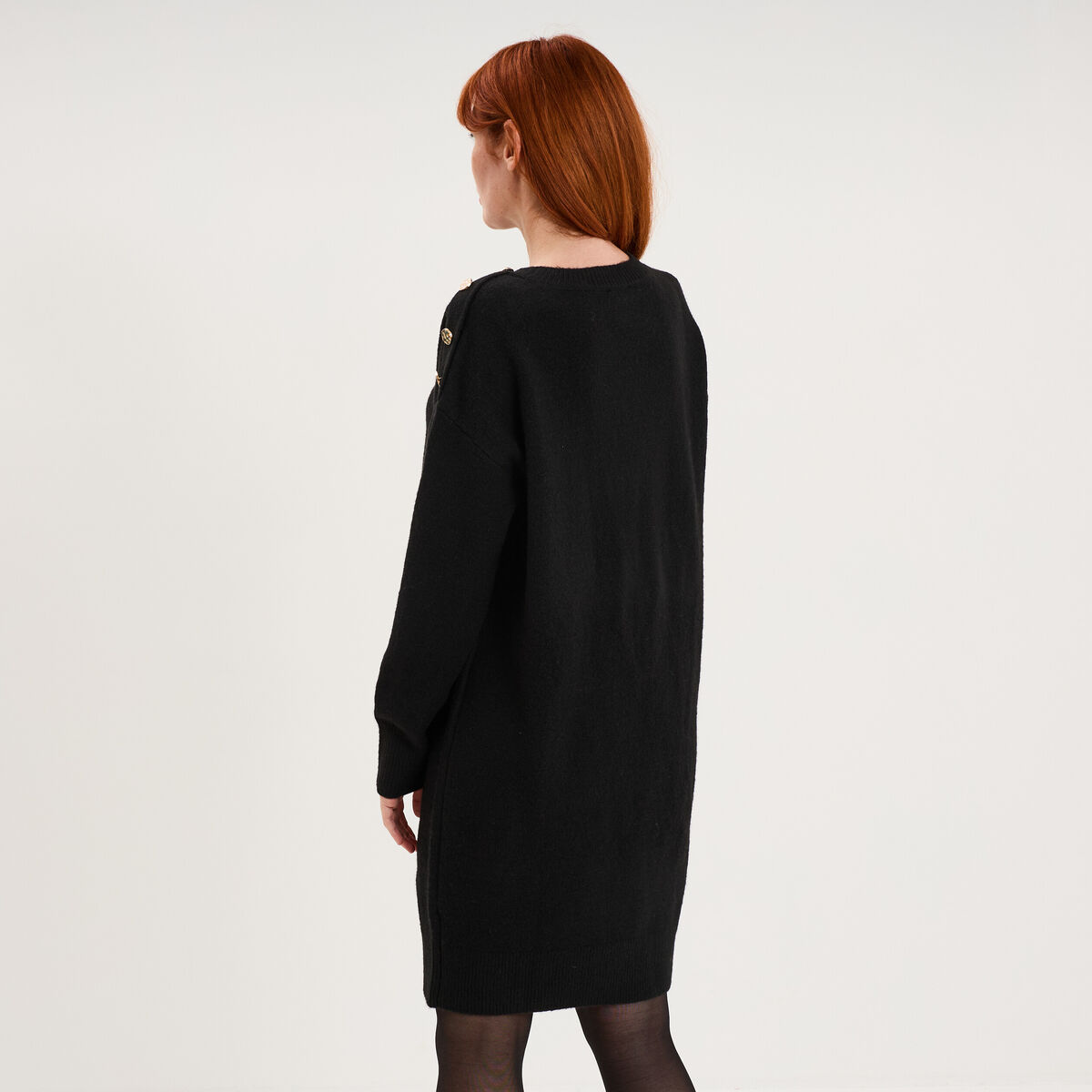 Robe pull longueur genou boutons &eacute;paule noir femme