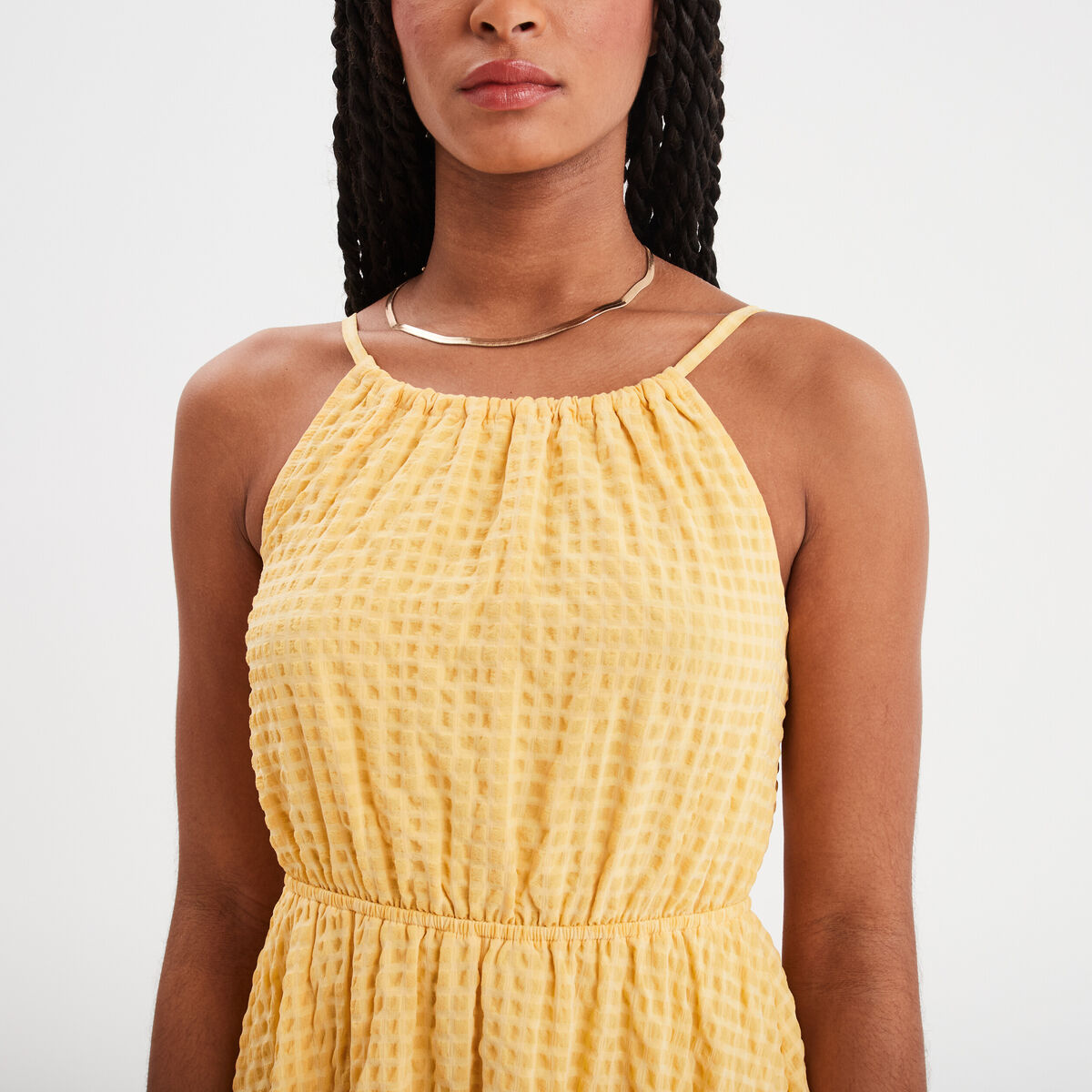 Robe longueur genou &eacute;vas&eacute;e &agrave; bretelles jaune clair femme