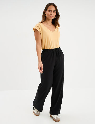 T-shirt col en V dentelle épaules et dos jaune clair femme