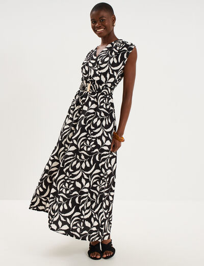 Robe longue cintr&eacute;e ceinture smock&eacute;e noir femme