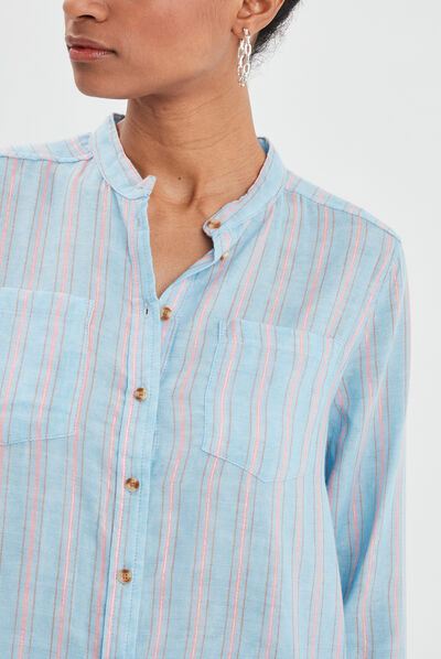 Chemise manches longues col mao bleu clair femme