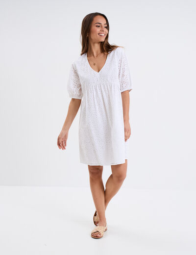 Robe broderie anglaise manches 3/4 blanc femme