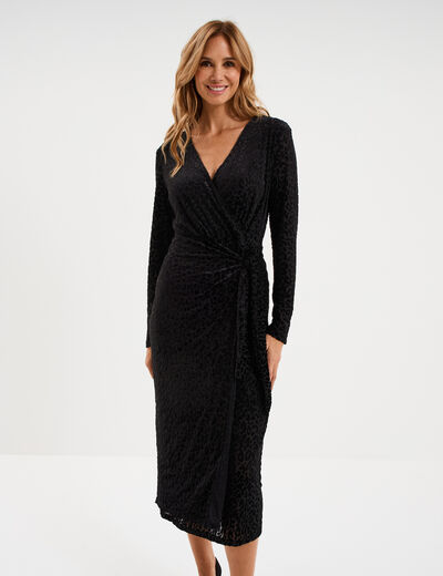 Robe effet velours noeud c&ocirc;t&eacute; noir femme