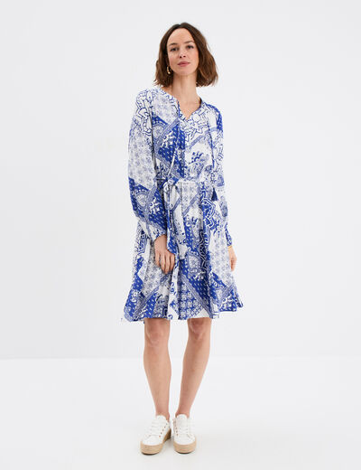 Robe fluide manches longues ceintur&eacute;e bleu femme