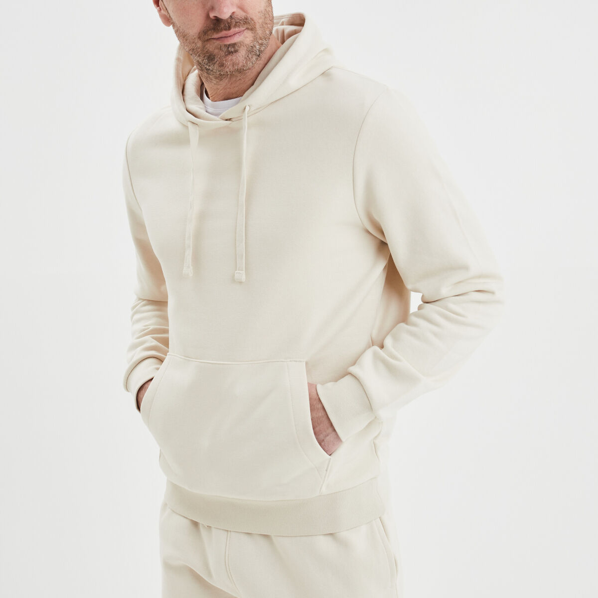 Sweat molleton &agrave; capuche hoodie ecru homme