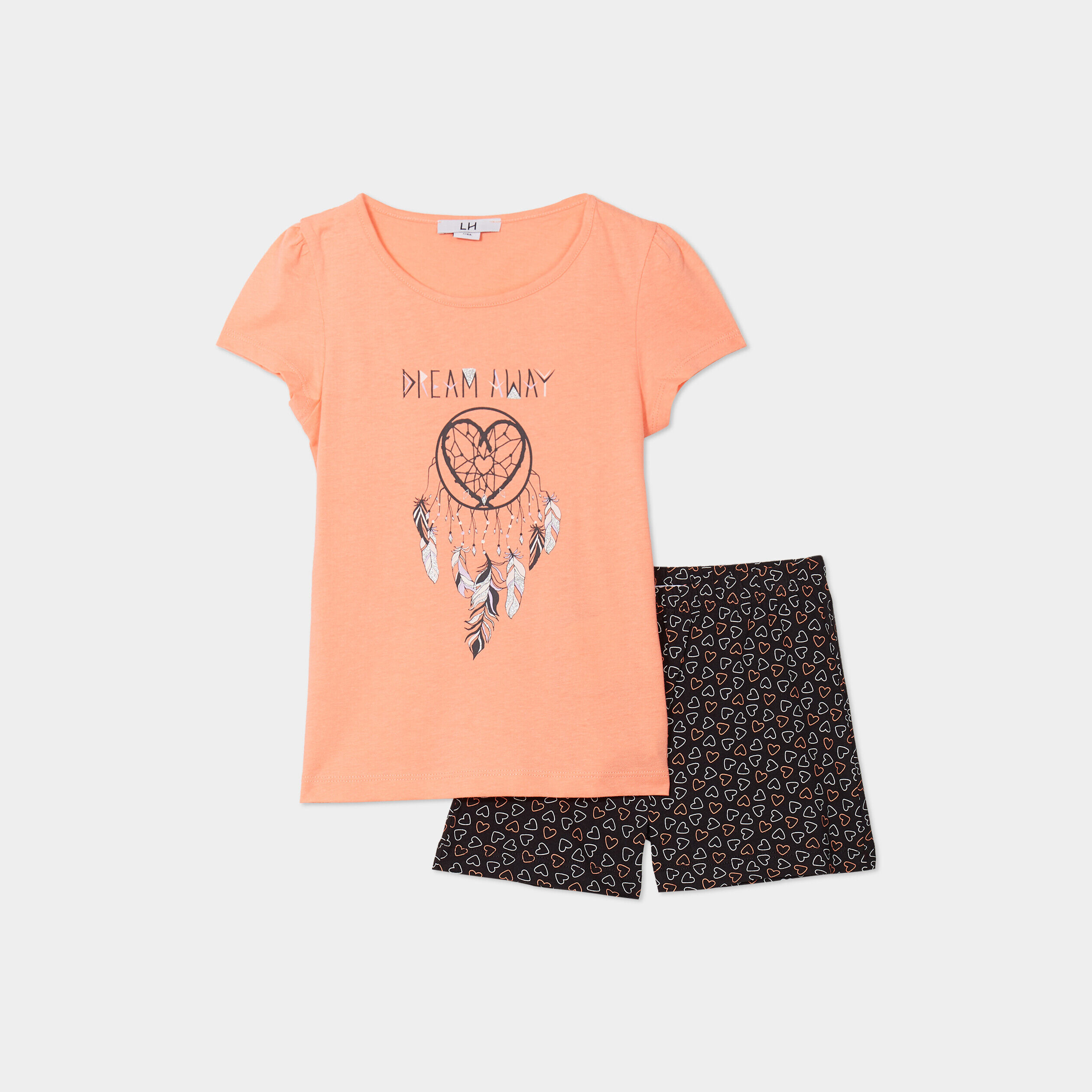 Ensemble pyjama short et t-shirt coton rouge corail fille LH