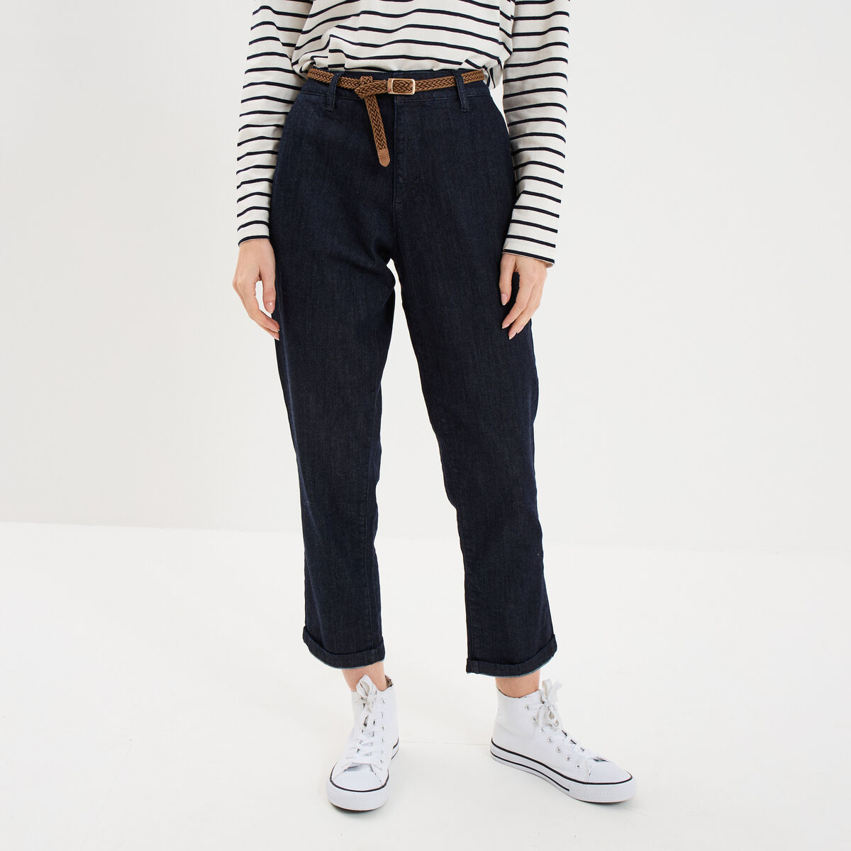 Jean chino droit avec ceinture denim brut femme