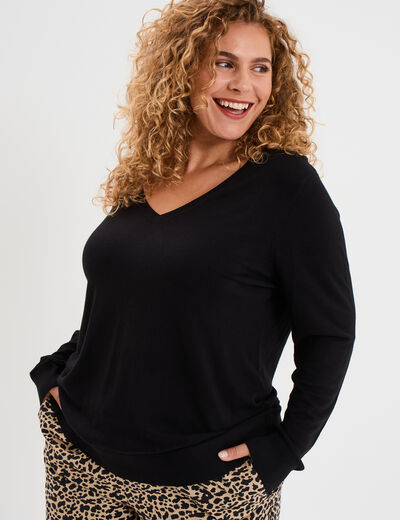 Pull fin col en V manches longues noir femme grande taille