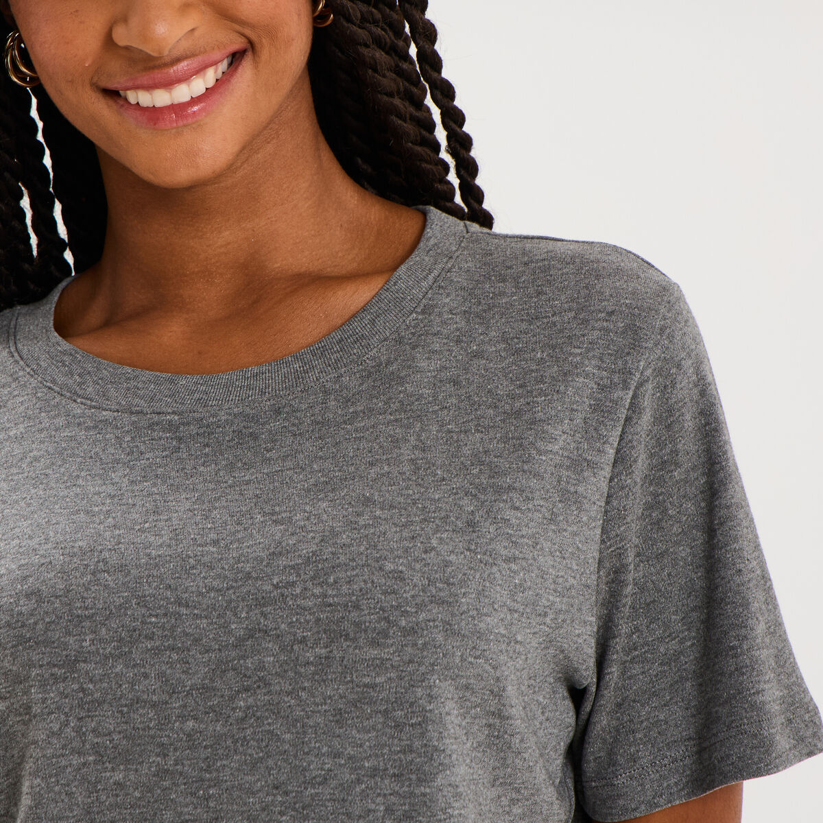 T-shirt col rond manches courtes coton gris femme