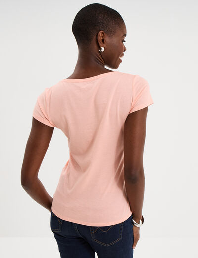 T-shirt coton col rond manches courtes rose poudr&eacute;e femme