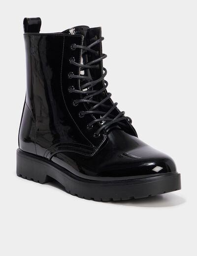 Boots vernies à lacets talons 2 cm noir femme
