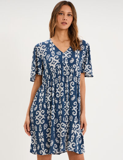 Robe fluide genou col en V bleu marine femme