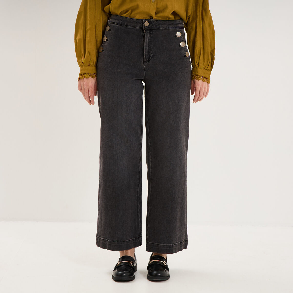 Jean large cropped &agrave; pont taille haute denim noir femme