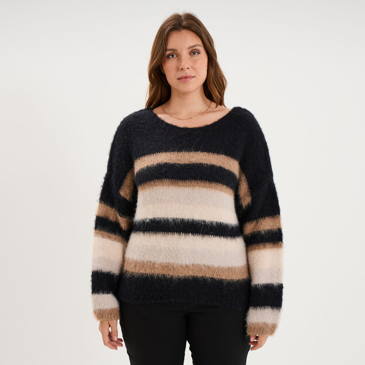 Pull col rond manches longues beige femme grande taille