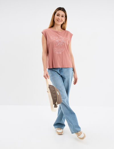 Débardeur brodé coton vieux rose femme
