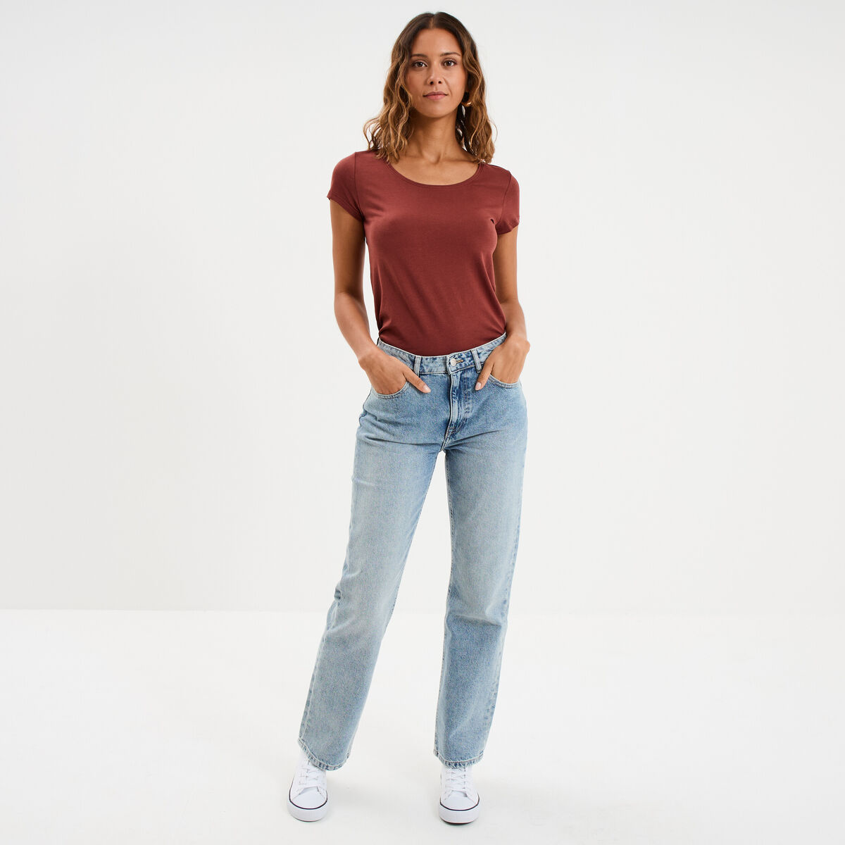 T-shirt coton col rond manches courtes marron cognac femme