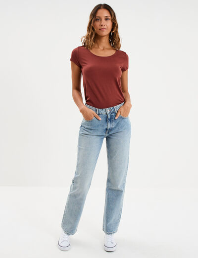 T-shirt coton col rond manches courtes marron cognac femme