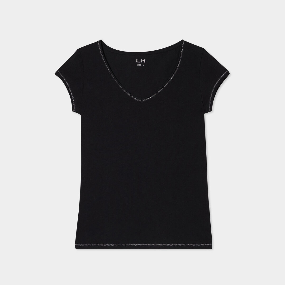 T-shirt col V ajusté manches courtes noir femme