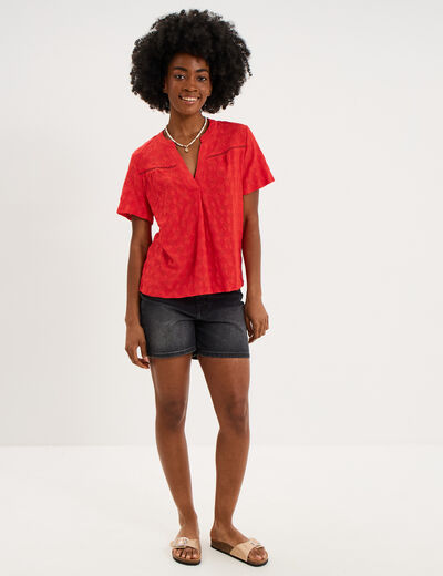 T-shirt broderie anglaise col tunisien rouge femme