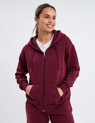 Sweat zippé à capuche bordeaux femme