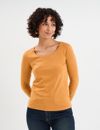T-shirt coton col rond manches longues jaune moutarde femme