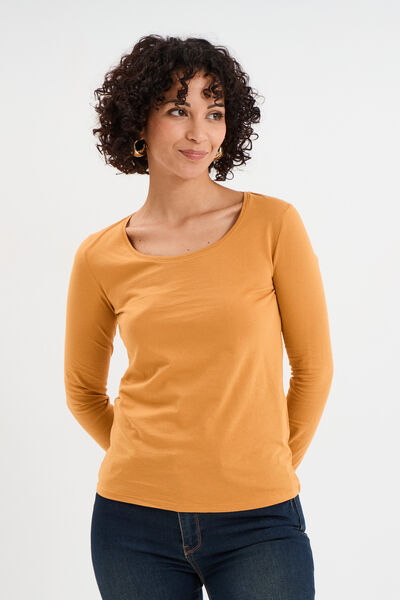T-shirt coton col rond manches longues jaune moutarde femme