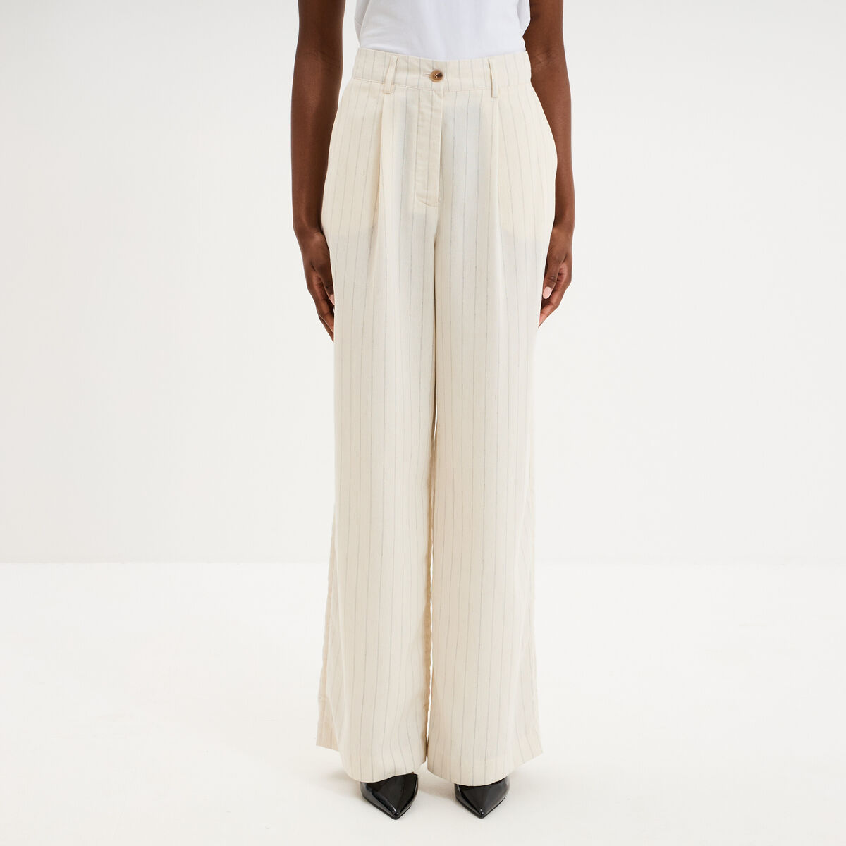 Pantalon large avec pinces ecru femme