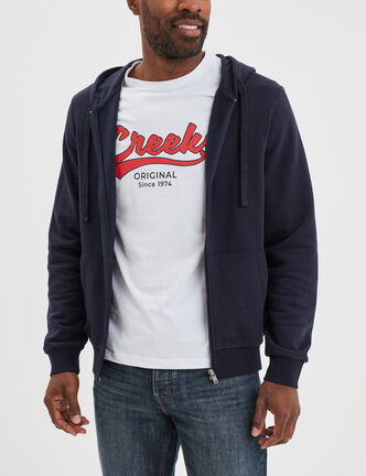 Sweat zipp&eacute; molleton &agrave; capuche bleu marine homme