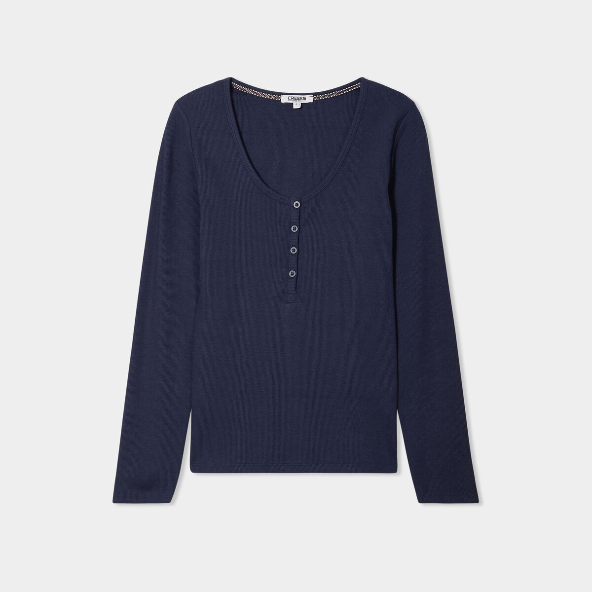 T-shirt ajusté col tunisien jersey coton bleu marine femme