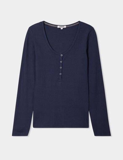 T-shirt ajusté col tunisien jersey coton bleu marine femme