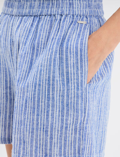 Short fluide coton lin taille élastiquée bleu femme