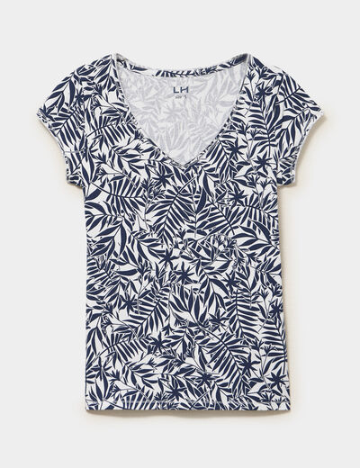 T-shirt col V droit manches courtes ecru femme
