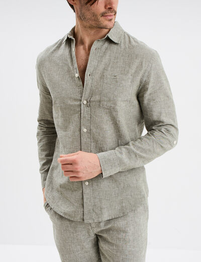 Chemise manches longues lin m&eacute;lang&eacute; vert kaki homme
