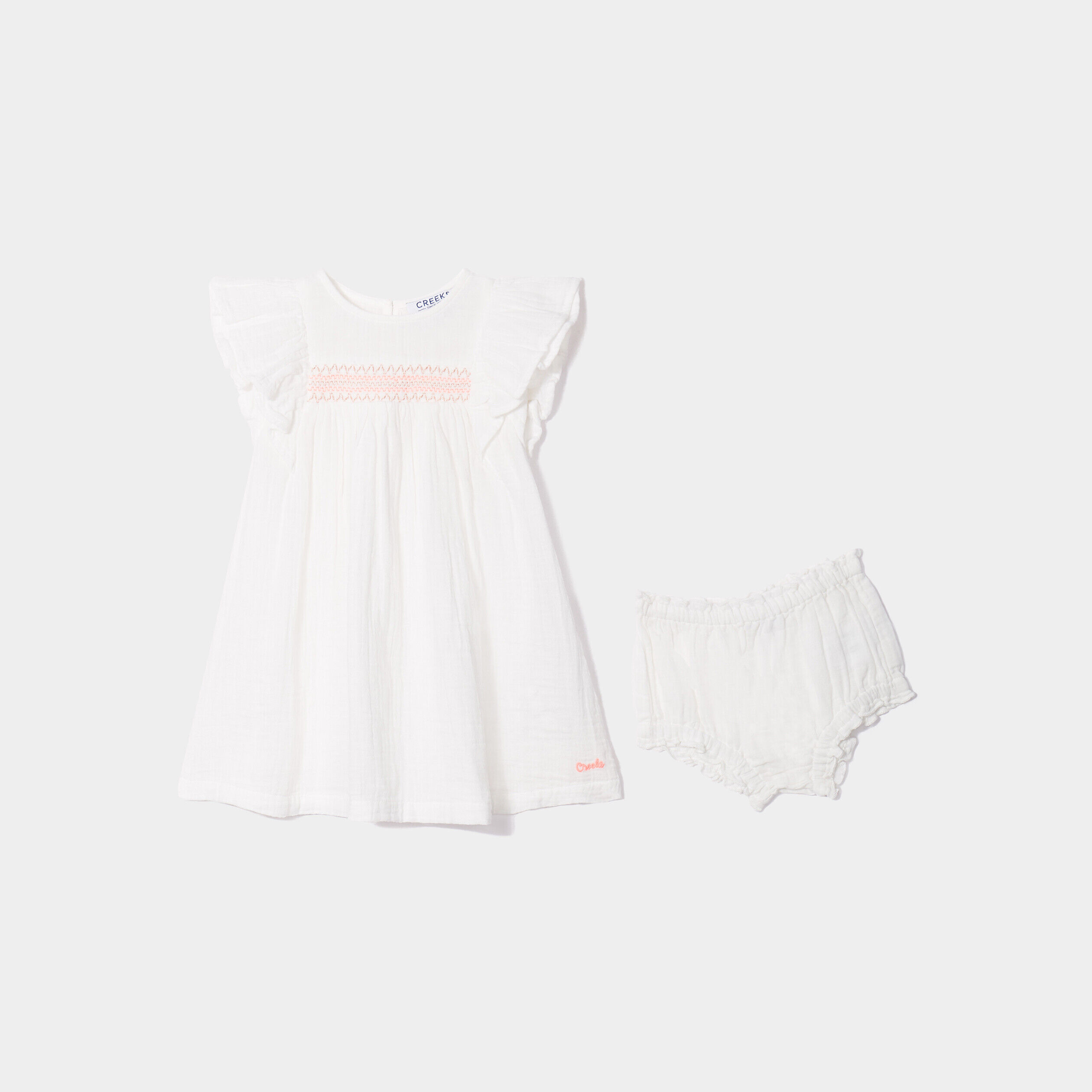 Ensemble coton robe brodée et culotte blanc bébé fille CREEKS
