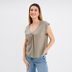 Blouse col V manches courtes lin m&eacute;lang&eacute; vert kaki femme