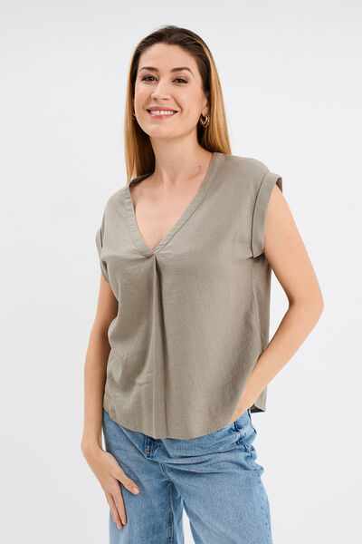 Blouse col V manches courtes lin m&eacute;lang&eacute; vert kaki femme