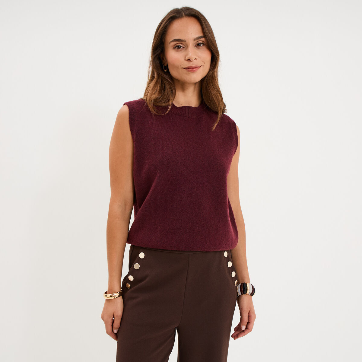 Pull sans manches col rond violet fonc&eacute; femme