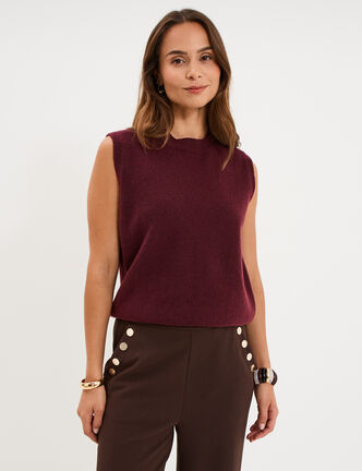 Pull sans manches col rond violet fonc&eacute; femme