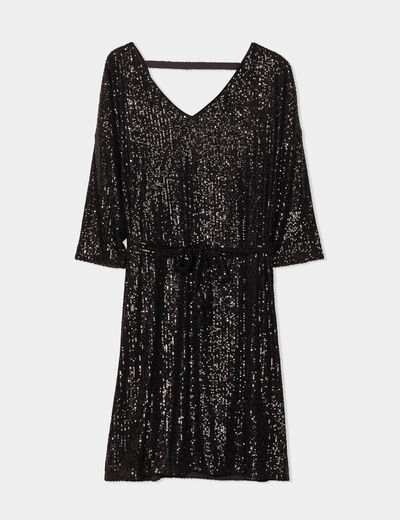 Robe évasée à sequins manches 3/4 noir femme grande taille