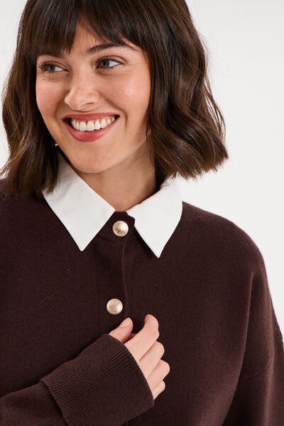Cardigan 2 en 1 bi-mati&egrave;re boutonn&eacute; marron fonc&eacute; femme